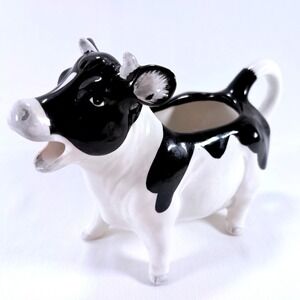 Vintage Otagiri Ceramic Cow Creamer Black White Holstein Farmhouse Pitcher